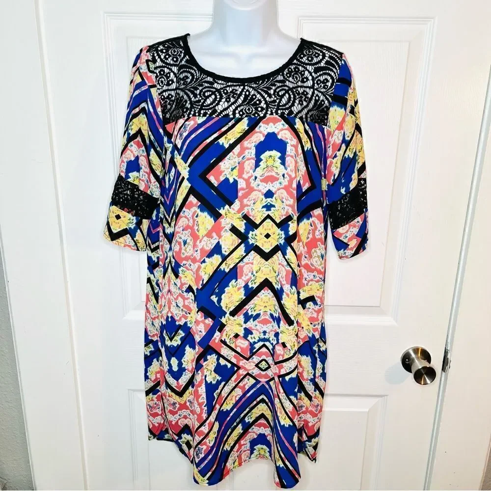 Socialite Watercolor Floral Geometric Black Lace Yoke Mini Dress Royal Blue S